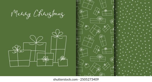 Minimalist Christmas card and seamless patterns with gifts and snowflakes. Hand-drawn in doodle style.