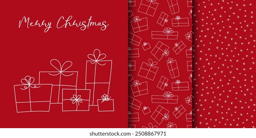 Minimalist Christmas card and seamless patterns with gifts and snowflakes. Hand-drawn in doodle style.