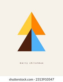 Minimalist Christmas Card. Simple Christmas Holidays Wishes with Geometric Christmas Tree made of Orange, Blue, Brown and Yellow Triangles Isolated on a Beige Background. RGB Colors. 