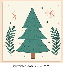 Minimalist Christmas card with a Christmas tree and simple holiday accents of leaves and snowflakes. Clean design perfect for holiday greetings