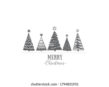 Minimalist christmas card with christmas trees on white background.
