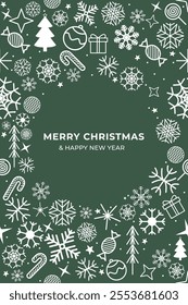 Minimalist Christmas Card with white color christmas ornaments on green color background, vector illustration