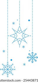 Minimalist christmas decoration featuring blue snowflakes hanging on dotted lines against a clean white background, evoking a sense of winter festivities