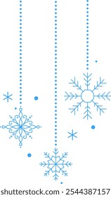 Minimalistische Weihnachtsdekoration mit blauen Schneeflocken, die auf gepunkteten Linien auf sauberem weißem Hintergrund hängen und ein Gefühl für Winterfeste hervorrufen