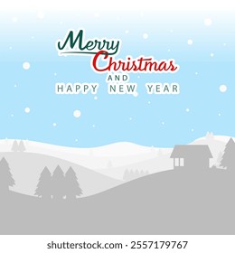 A minimalist Christmas design with snowy hills, trees, a house, and falling snow. Features "Merry Christmas and Happy New Year" in red and green on a blue background.