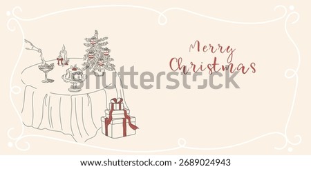 A minimalist Christmas dinner poster. Merry Christmas. Illustration of a table set with food, drinks, and candles. Hand-drawn New Year's invitation card with doodle elements.