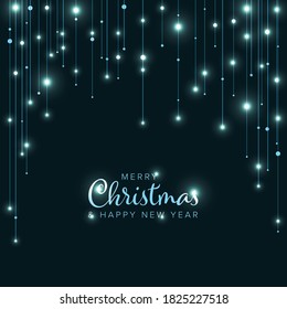 Minimalist Christmas flyer card temlate with chilly blue light chains on dark background
