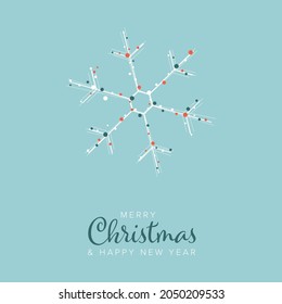Minimalist Christmas flyer card temlate with white snowflake  icon shape and light blue background with decorative white red and blue circle dots