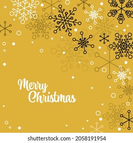 Minimalist Christmas flyer card temlate with white snowflakes on yellow background with decorative white and black circle dots