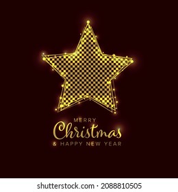 Minimalist Christmas Flyer Card Temlate With Golden Lights On A Star Shape, Dark Background And Star Family Photo Placeholder. Simple Photo Christmas Card