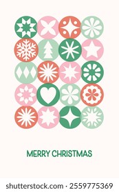 Minimalist Christmas greeting card with decorated ball and snowflakes. Vector illustration