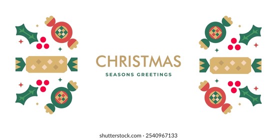 Minimalist Christmas greeting card design featuring festive elements like candy, holly leaves, and berries in red and green