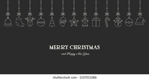 Minimalist Christmas greeting card with hanging ornaments and text. Xmas decoration. Vector