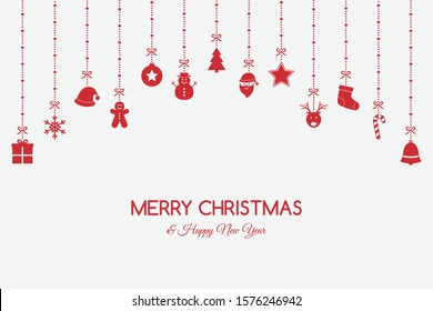 Minimalist Christmas greeting card with hanging ornaments and text. Xmas decoration. Vector