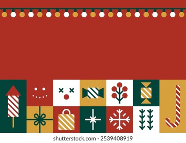 Minimalist Christmas Greeting Card with Red Background, String Lights, and Holiday Icons in Retro Style Vector Illustration