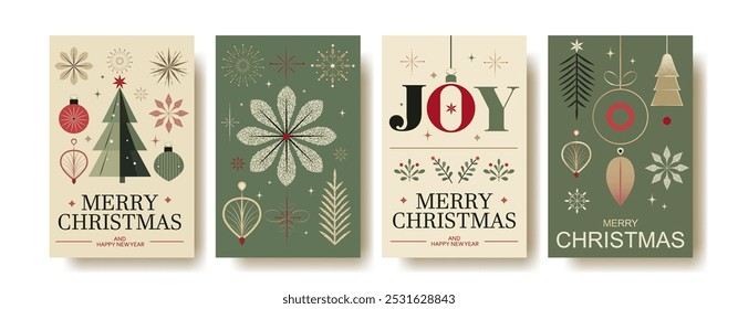 Minimalist Christmas Greeting Cards Set – Retro Style with Ornaments, Snowflakes, Pine Branches, and Joyful Typography in Red, Green, Beige, and Gold. Perfect for Holiday Season Greetings and New Year