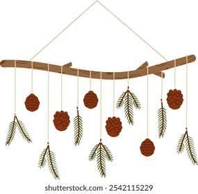 Minimalist Christmas hanging decoration cones and fir branches. Wooden branch with handmade nature-inspired ornaments. DIY Xmas interior ornament eco friendly style. Vector