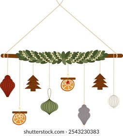 Minimalist Christmas hanging decoration with paper baubles and natural elements. Wooden tree branch with handmade craft balls, trees, oranges. DIY Xmas adornment eco friendly style. Vector