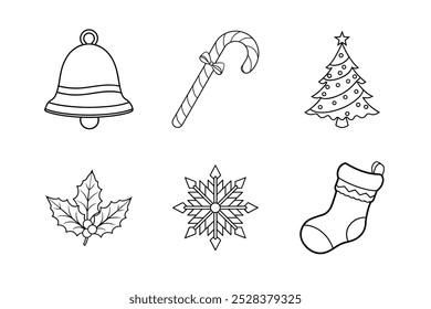 Minimalist Christmas Icon Set Featuring Seasonal Symbols Like Bells, Stockings, and Leaves