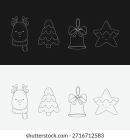 Conjunto de ícones de Natal minimalista com cabeça de rena com cachecol, árvore em camadas, fita Bell e estrela sorridente em preto e branco contraste Split desenhado à mão Line Art para férias.