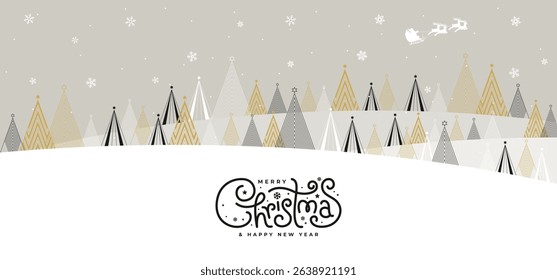 Minimalist Christmas landscape with line art trees in gold, black, and white tones. Snowflakes fall gently over a soft grey background with Santa’s sleigh silhouette.