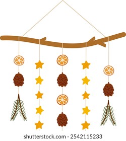 Minimalist Christmas Natural wooden garland with hanging decoration. Cones, orange slices and stars, fir branches. Handmade nature-inspired ornament. DIY Xmas interior decor eco friendly style. Vector