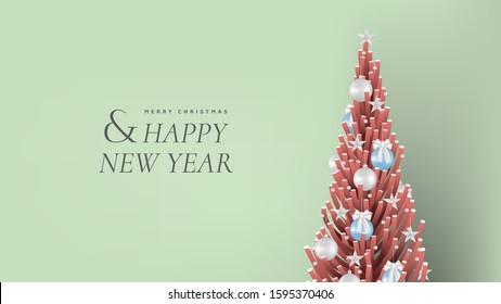 Minimalist Christmas and New Year banner mockup template design, red Christmas tree decorated with ornaments on green