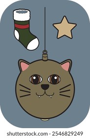 Minimalist Christmas ornament featuring a cat face on a vintage-colored background. Perfect for festive designs with a cozy, retro aesthetic.