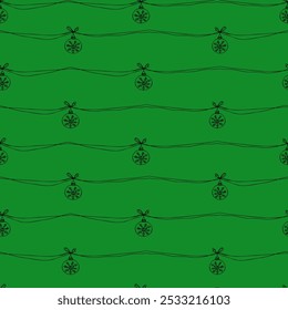Minimalist Christmas Ornaments Hanging Seamless Pattern. Hand-Drawn Holiday Baubles with Green Background