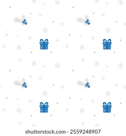 Minimalist christmas pattern with blue gift, flowers and snowflakes on a white background. Seamless background perfect for use in textiles, wallpapers, and festive decorations.