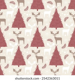 Minimalist Christmas pattern with brown and white reindeer and stylized trees on a beige background. Perfect for elegant holiday-themed projects and seasonal wrapping paper.