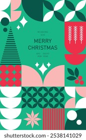 Minimalist Christmas poster with mosaic elements. Geometric Christmas greeting card. Vector illustration