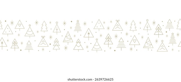 Minimalist Christmas Seamless Pattern, Banner with Golden Trees Modern Line Art Holiday Greeting.