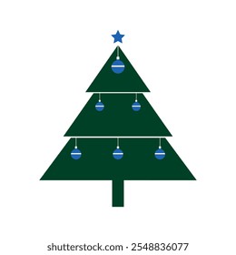 minimalist christmas tree with blue ornaments and star on top in vector art style
