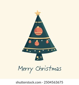 Minimalist Christmas tree design with festive ornaments and a star on top. Features 'Merry Christmas' text. Ideal for holiday greeting cards, seasonal graphics, and festive decorations.
