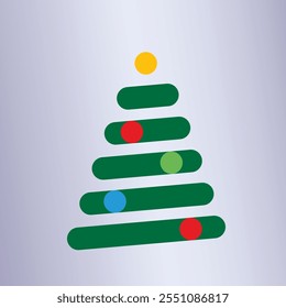 Minimalist Christmas tree design with green bars, colourful ornaments (red, blue, green), and a yellow topper on a gradient background. Ideal for festive holiday designs.