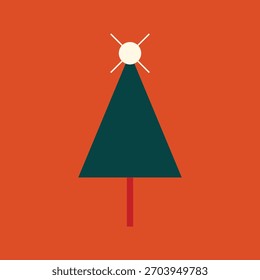 Minimalist Christmas tree design with a simple geometric style. The tree features a dark green triangle with a red trunk, set against a vibrant orange background. Christmas illustration vector.