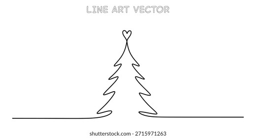 Minimalist Christmas tree drawn with a single continuous line. Simple holiday season design featuring a heart at the top. Elegant winter celebration concept. Vector illustration
