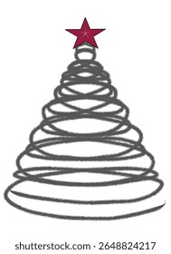 Minimalist Christmas tree illustration formed by a single swirling grey line with a red star on top. Artistic and elegant, perfect for holiday cards, posters, and festive seasonal decor.