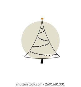 Minimalist Christmas tree illustration with string lights and a golden star on top. Simple and cozy holiday design with beige circle background.