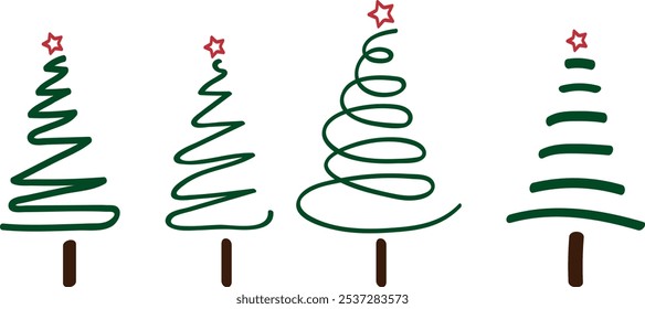 Minimalist Christmas Tree Line Art with Stars for Holiday Decor Designs