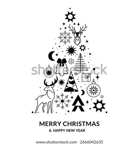 Minimalist Christmas tree made from festive icons including reindeer, snowflakes, stars, bells, abstract shapes, ideal for holiday greeting cards, posters, social media, invitations, prints. Vector