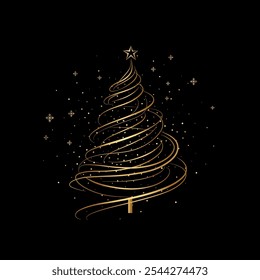 Minimalistischer Weihnachtsbaum aus wirbelnden goldenen Linien auf schwarzem Hintergrund, Vektorgrafik