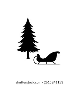 Minimalist Christmas Tree And Sleigh Black And White Silhouette Vector Illustration