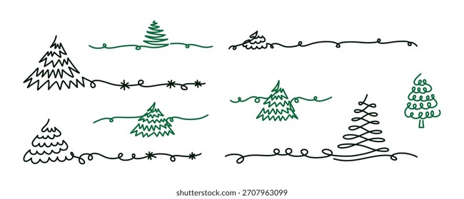 Minimalist Christmas trees drawn in continuous line art. Whimsical hand drawn doodle Christmas Trees set. Elegant, modern, and simple vector outlines for holiday and seasonal design.
