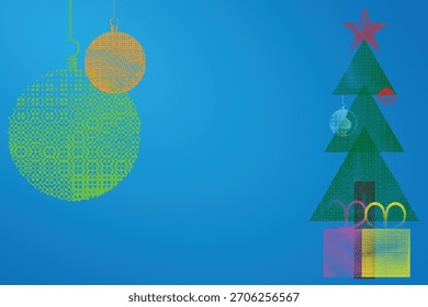 Ilustração de vetor de Natal minimalista com árvore, ornamentos e caixas de presente em estilo pontilhado.