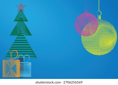 Ilustración vectorial de Navidades minimalistas con árbol, adornos y cajas de regalo en estilo dither.