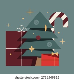 Minimalist Christmas vector with stylized tree, gifts and candy cane on muted green background. Perfect for holiday cards, branding and seasonal design.