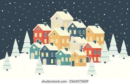 Minimalist Christmas Winter Village Under Falling Snow. Vector illustration