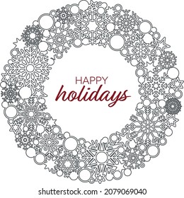Minimalist Christmas wreath with elegant red text Happy Holidays, Grey intricate snowflakes wreath, Сongratulations, Winter holidays wishes, Lace wreath